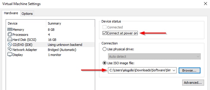 Screenshot: connecting the refplat ISO file to VM in VMware Workstation