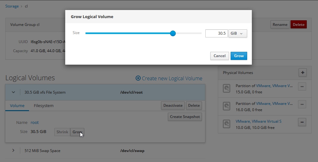 Screenshot: Grow Logical Volume dialog