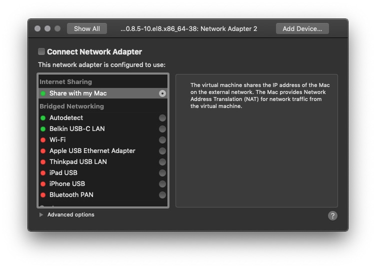 Screenshot: setting properties for the new network adapter in VMware Fusion