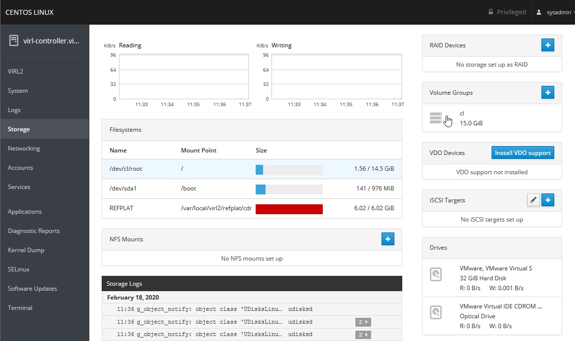 Screenshot: selecting the volume group on the Storage page