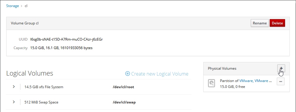 Screenshot: adding a physical volume to the cl volume group