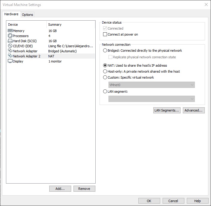 Screenshot: setting properties for the new network adapter in VMware Workstation