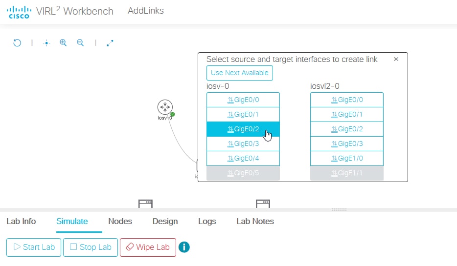 Screenshot: the unused and provisioned interfaces for nodes, as shown in the interface selection dialog for a new link