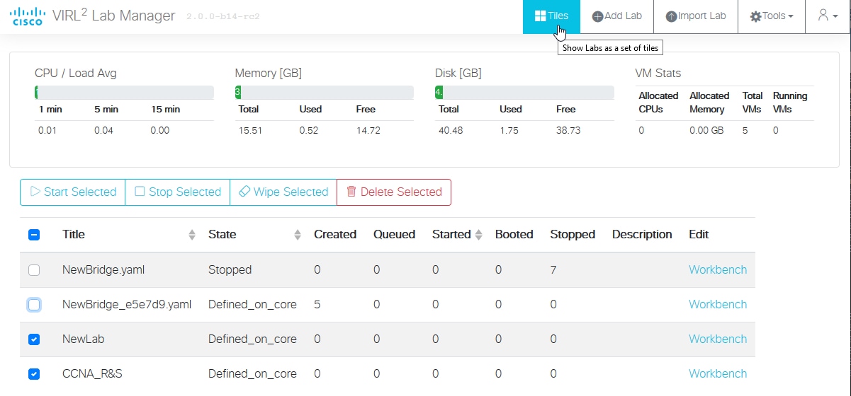 Screenshot: selecting multiple labs in the Lab Manager
