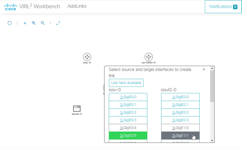 Screenshot: interface selection dialog for a new link in the Workbench