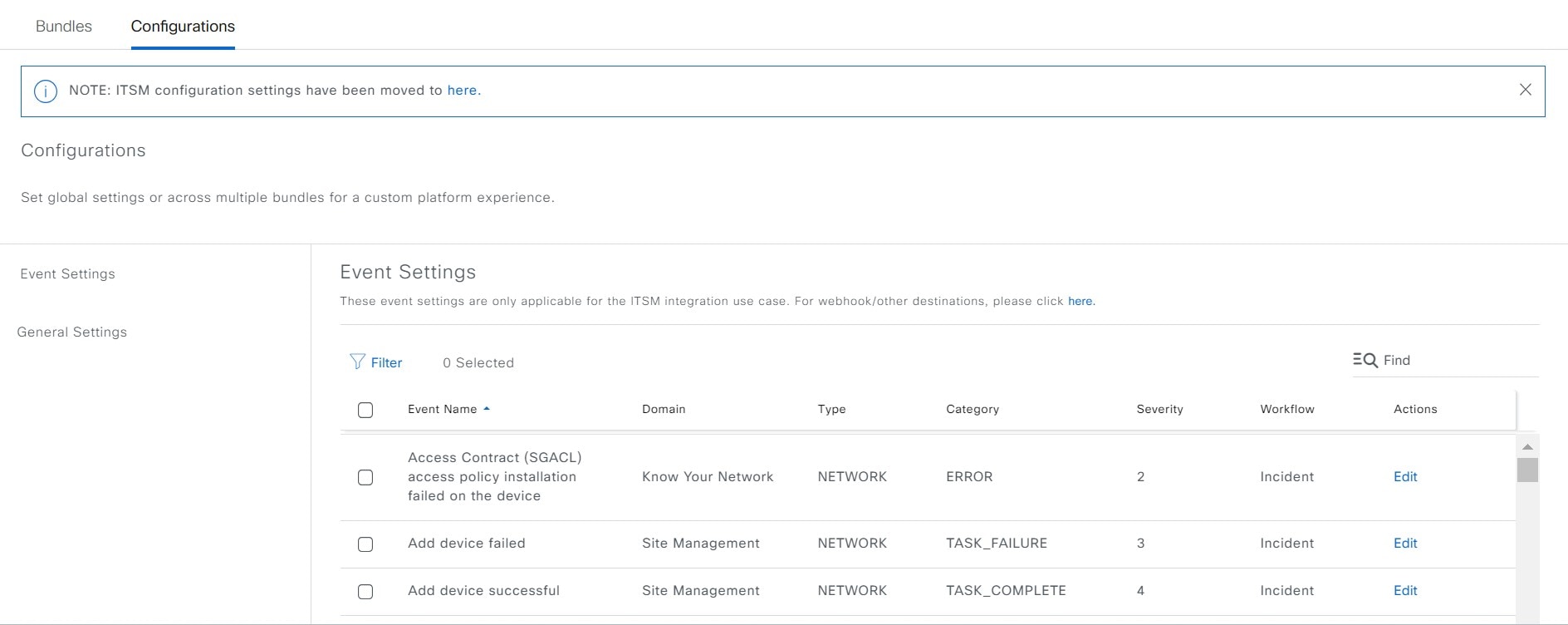 Figure 12: Event Settings window in COnfiguration window, configuring events.