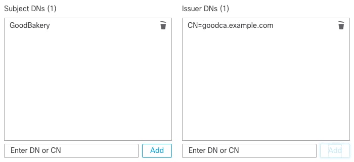 このサンプルルール条件では、GoodBakery 識別名が [サブジェクトDN（Subject DNs）] リストに追加され、対応する共通名が [発行DN（Issue DNs ）] リストに追加されます。この条件では、サブジェクトまたは発行者でトラフィックが照合されますが、サブジェクトのみで照合するのがより一般的です。