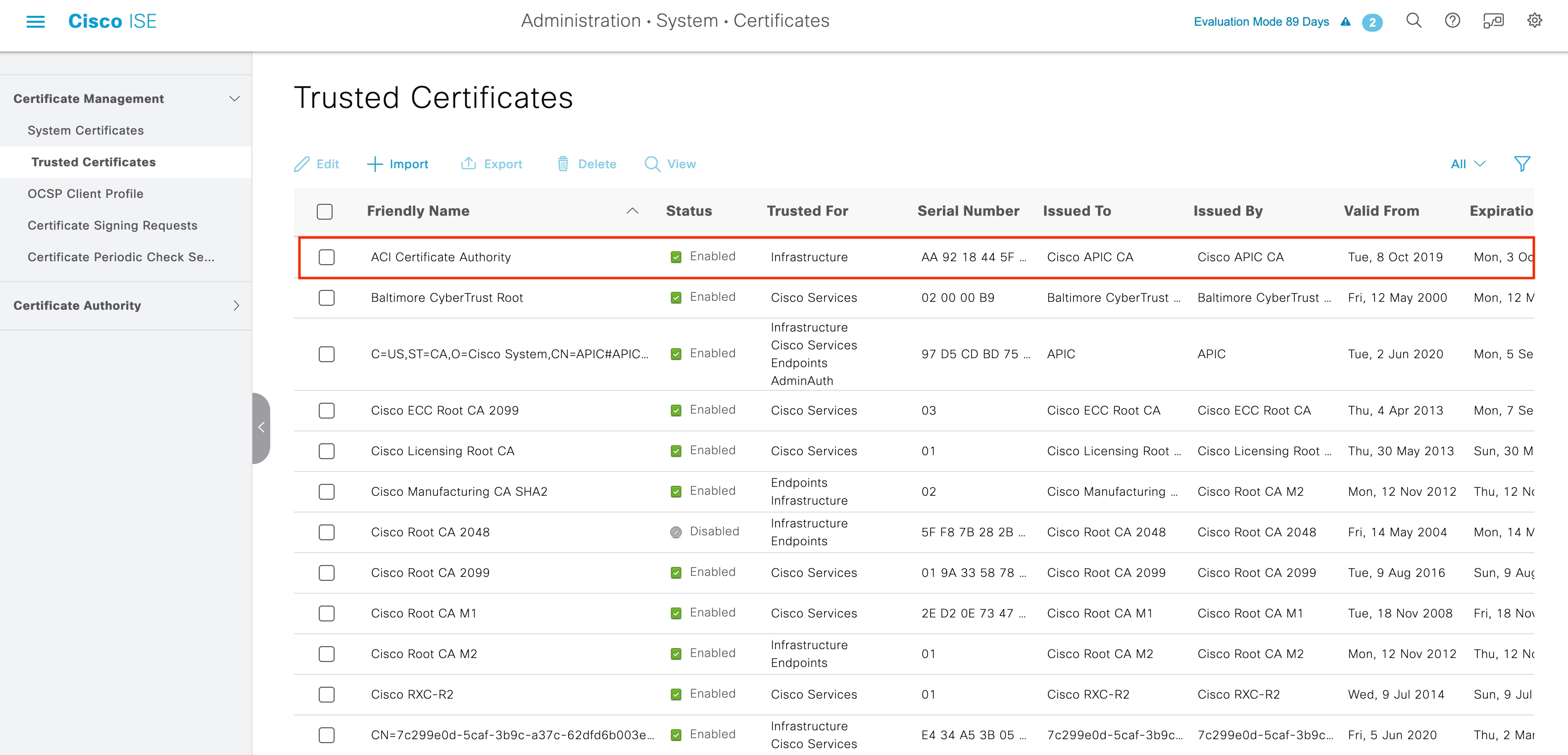Verify the Certificate in Trusted Certificates window