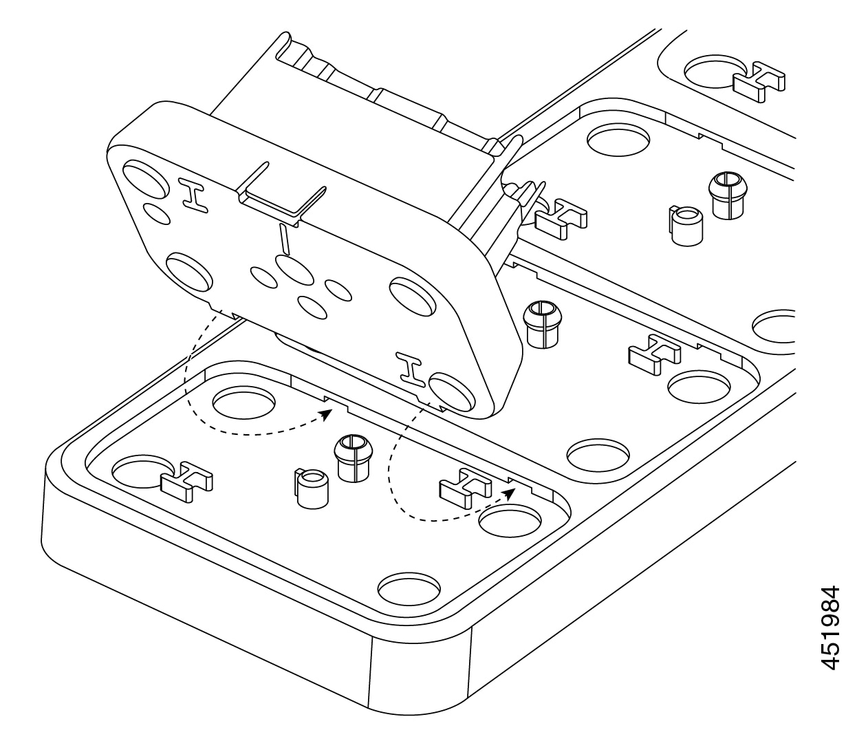 Image of an 860 desktop battery charger module on an angle with its tabs lined up with the slots on the multicharger base.