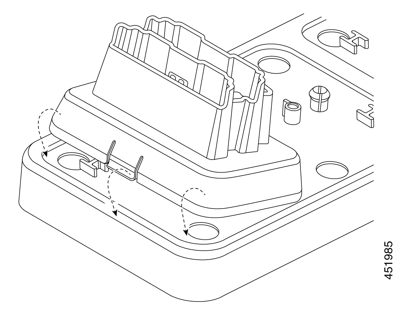 Abbildung des Tischladegeräts, wie es nach vorne gekippt wird, um es in der Mehrfachladebasis einrasten zu lassen.