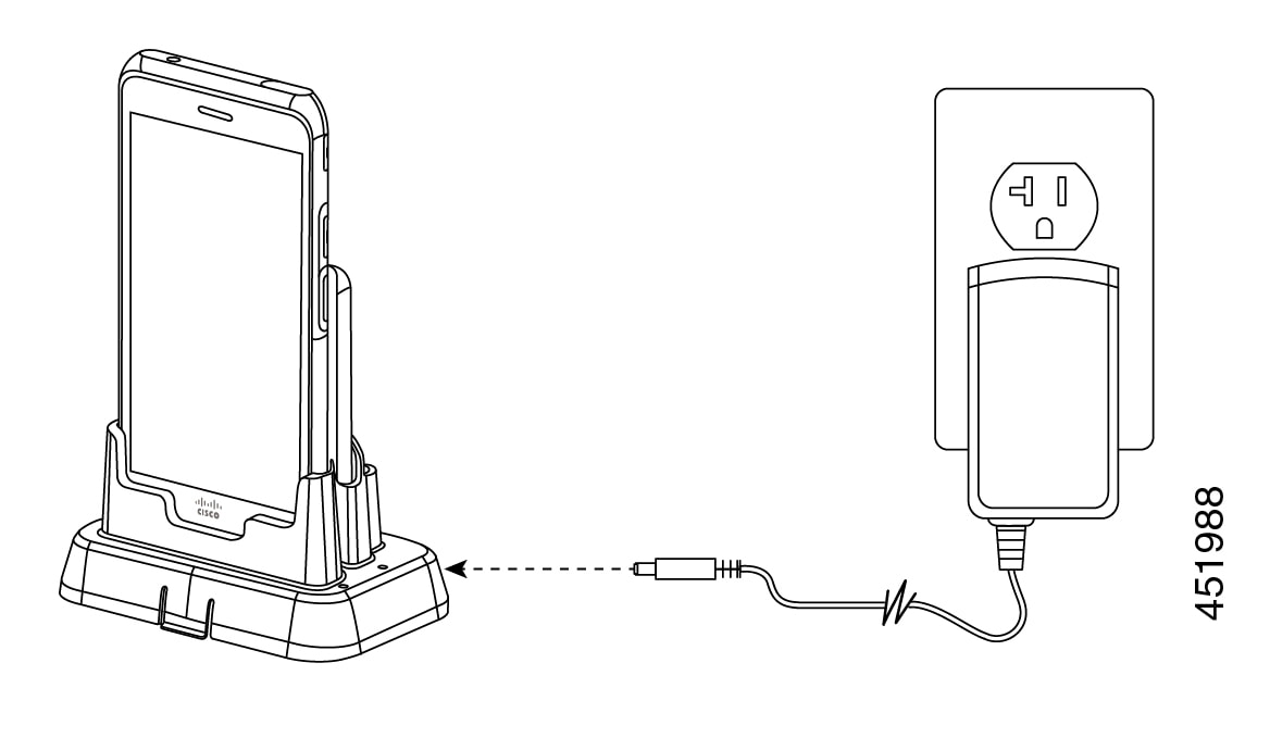前面スロットに電話機、背面充電スロットにバッテリが挿入されたデスクトップ デュアル充電器モジュール。