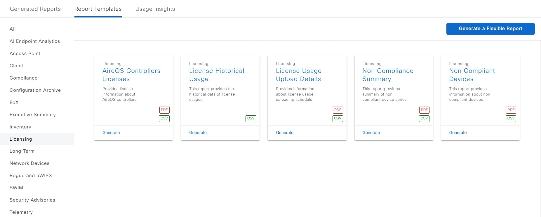 Figure 29: Window displays Licensing report templates