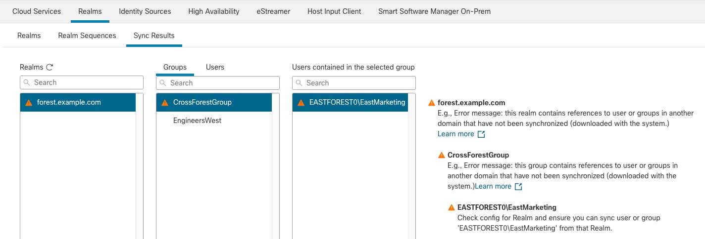 사용자가 다른 Active Directory 저장소에 저장되어 있는 경우 사용자 다운로드 오류를 문제 해결할 수 있습니다. 열을 왼쪽에서 오른쪽으로 읽습니다. 자세한 정보를 보려면 삼각형 아이콘을 클릭합니다.