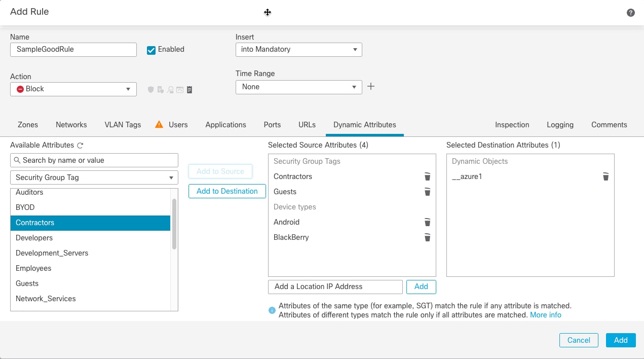 Configure External Attributes in an access control rule to block traffic from Security Group Tags Contractors or Guests; and device types Android or Blackberry from accessing the dynamic object __azure1