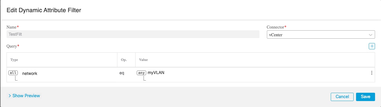 Cet exemple montre un filtre d'attributs dynamiques vCenter simple qui détecte un VLAN