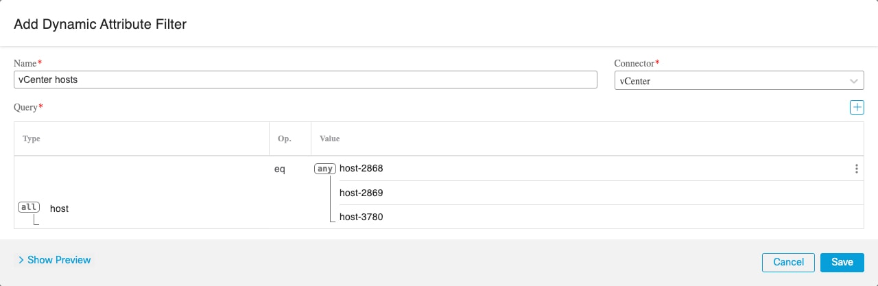 Another sample vCenter dynamic attributes filter that finds any of three hosts; the query is joined by OR