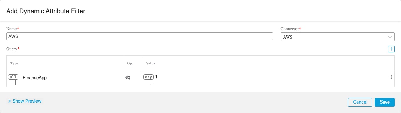 値が 1 のタグ FinanceApp を検索する Amazon Web Services 動的属性フィルタの例
