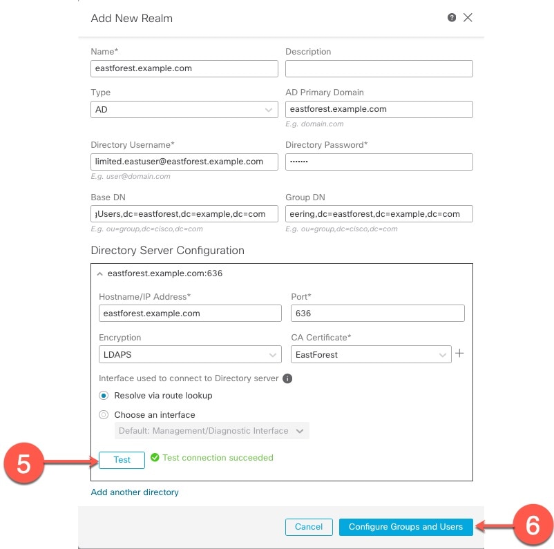 To set up a realm, configure the required fields and click Test. Make sure the test is successful before you configure groups and users.