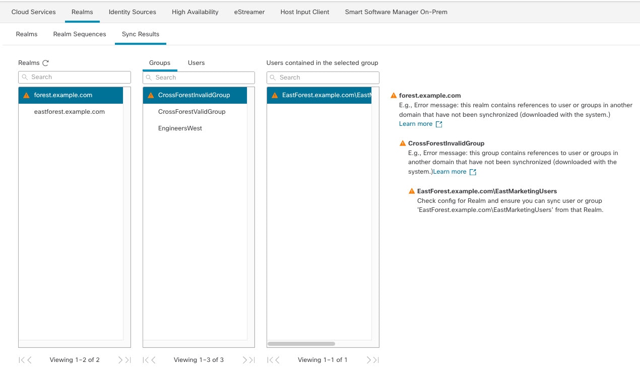 You can troubleshoot user download errors when users are stored in different Active Directory repositories. Read the columns left to right. Click the triangular icon to get more information.