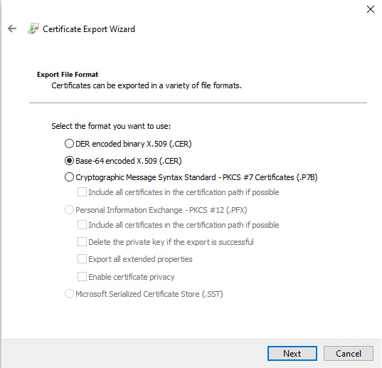 証明書のエクスポートウィザードで、Base 64 エンコード X.509 を選択し、証明書をエクスポートします