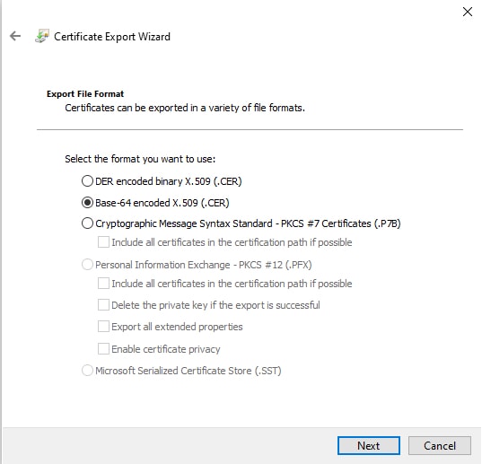 인증서 내보내기 마법사에서 Base 64 encoded X.509를 선택하고 인증서 내보내기