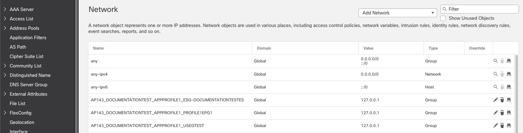 FMC network objects that correspond to the preceding APIC tenant