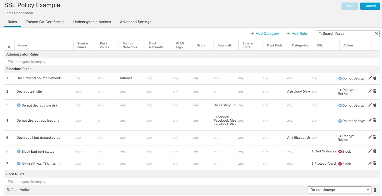 The sample SSL policy has several rules ordered simplest to most complex; this enables the system to quickly process traffic that matches the simplest rule and allow the system more time to match more complex rules.