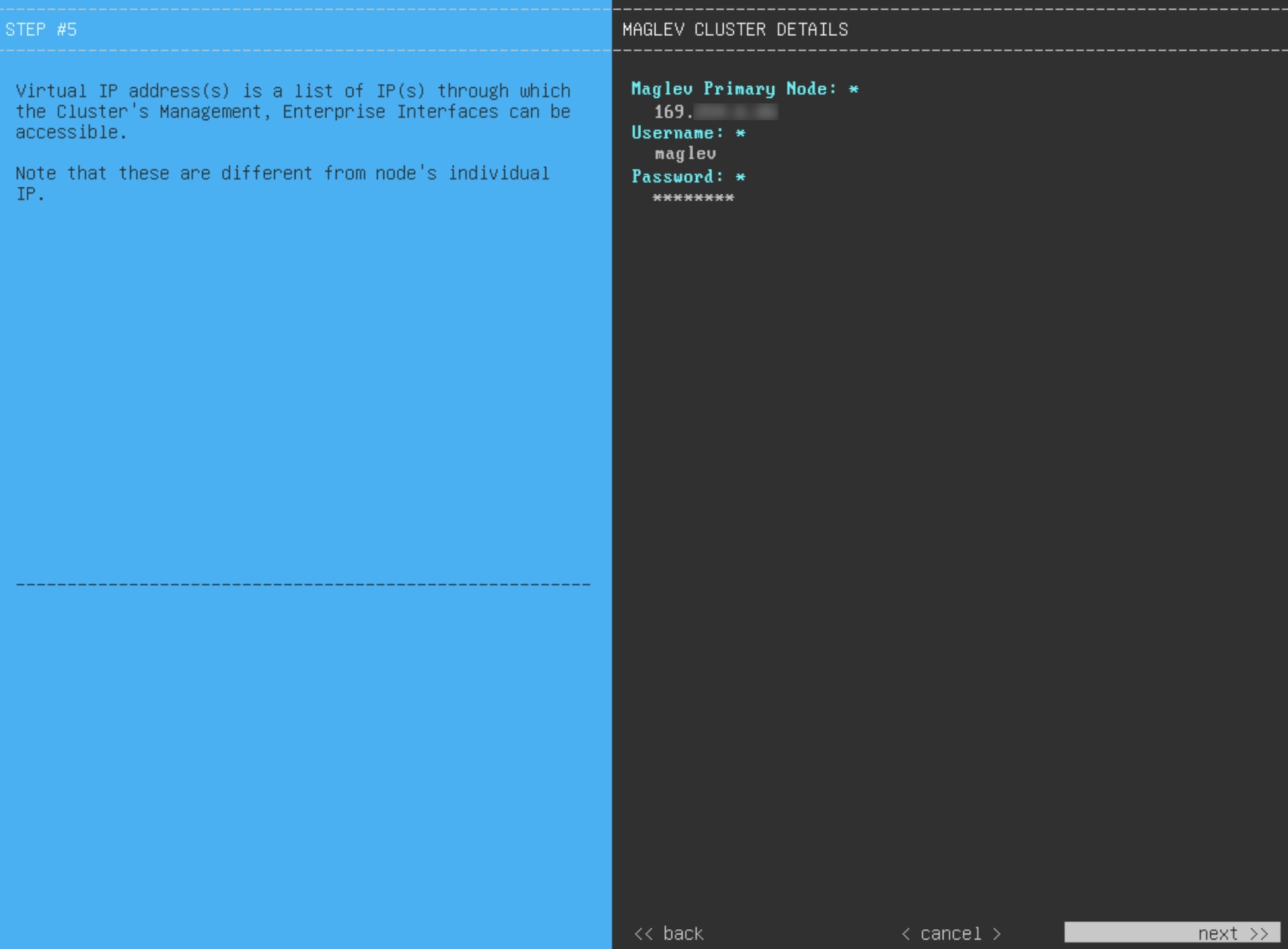 The Maglev Configuration wizard displays the step to enter the Maglev cluster details configuration settings.