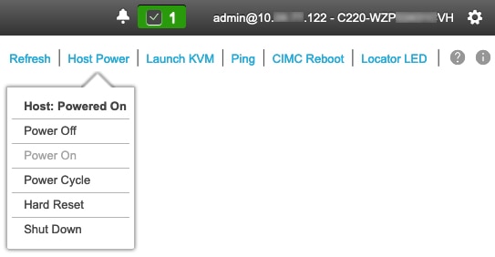 Cisco Integrated Management Controller Chassis summary, with Host Power dropdown on.
