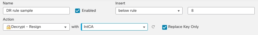 [復号-再署名（Decrypt - Resign）] ルールでは、[キーのみを置換（Replace Key Only）] ボックスをオンにすることを推奨します。そうすることで、ユーザーが自己署名証明書を使用する Web サイトにアクセスすると、ブラウザに警告が表示されます。