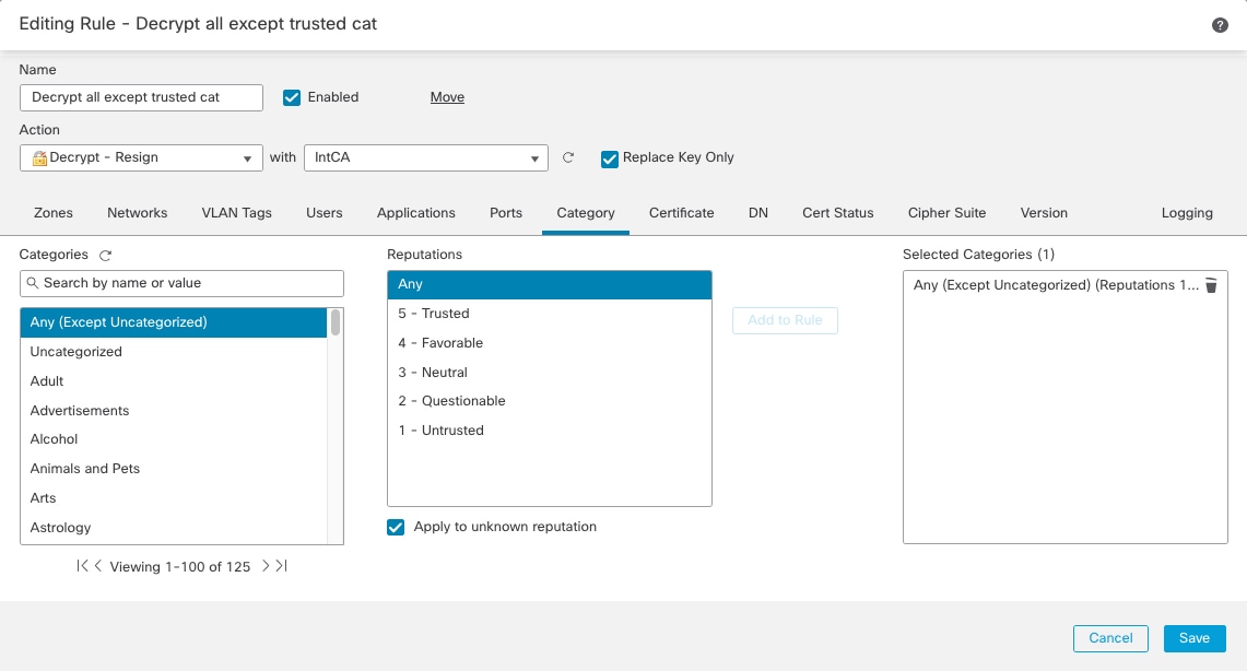 For this rule, on the Category tab page, from the Categories list, click Any (Except Uncategorized), in the Reputations list, click Any, then click Add to Rule.