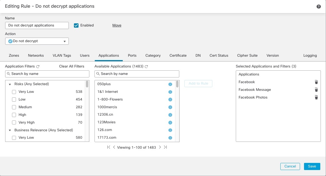 Also on the Applications tab page, you can specify applications you believe are low-risk; in this case, Facebook, Facebook Message, and Facebook Photos.