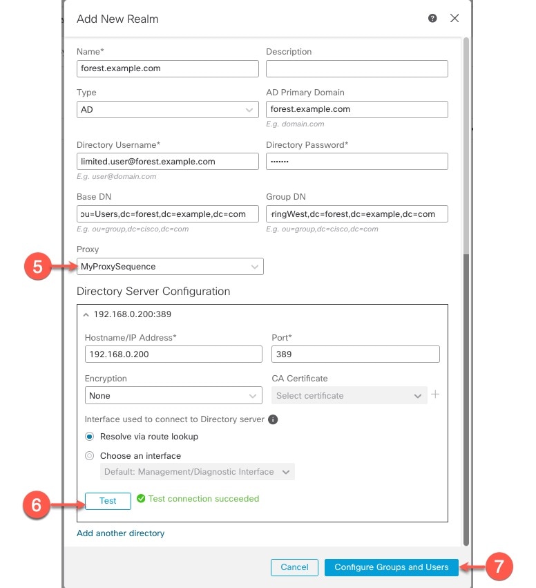 To set up a realm, configure the required fields and click Test. Make sure the test is successful before you configure the directory.