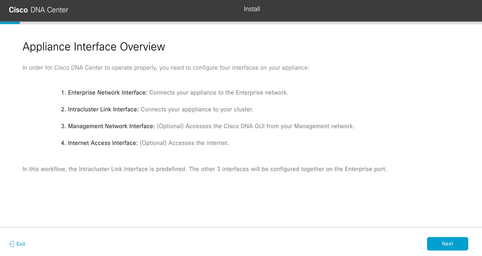 The Appliance Interface Overview screen summarizes the four configurable interfaces on your appliance.