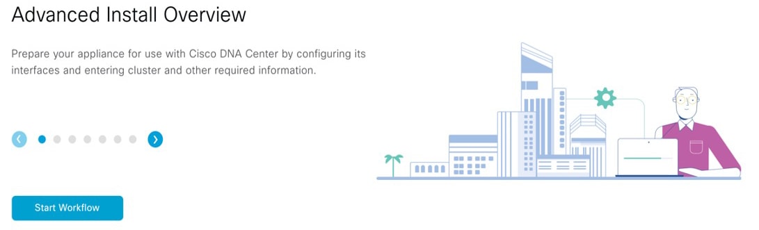 The Advanced Install Overview slider displays a summary of the workflow with the Start Workflow button in the bottom-left corner.