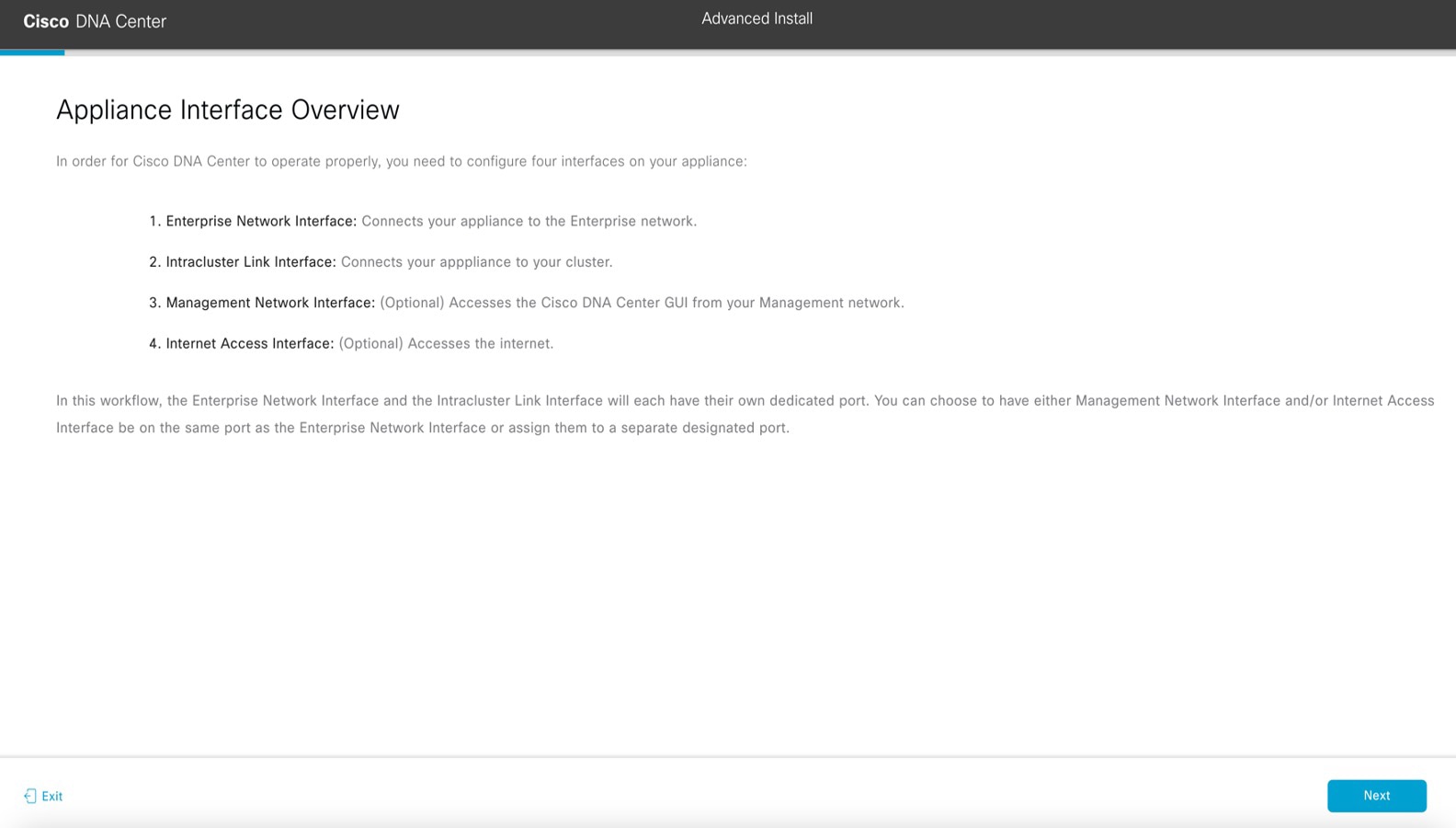 The Appliance Interface Overview screen summarizes the four configurable interfaces on your appliance.