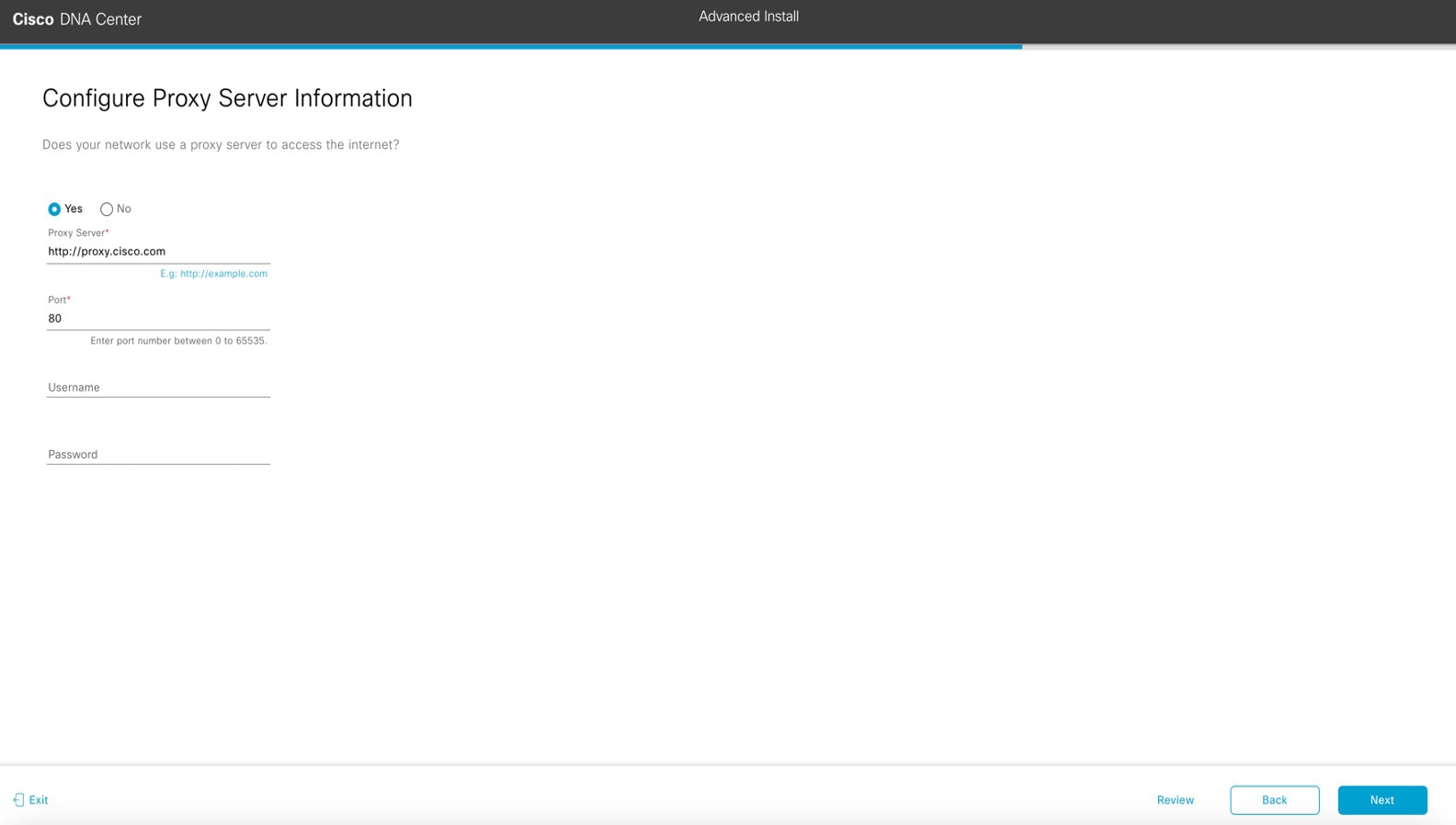 The Configure Proxy Server Information screen displays the step to choose if you want your network to use a proxy server to access the internet.