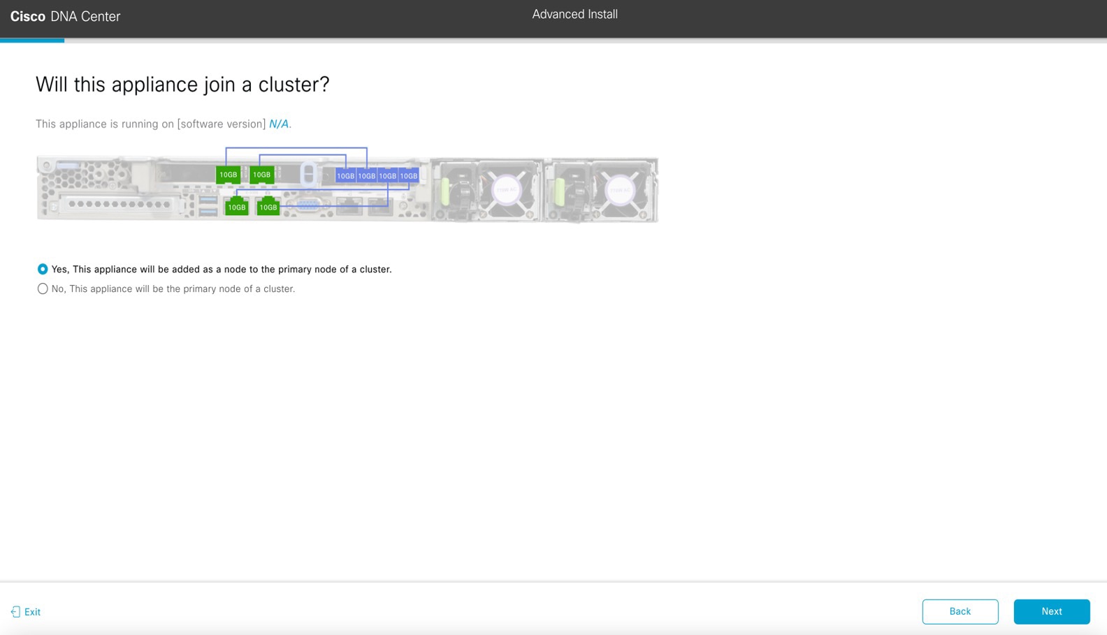 The Will this appliance join a cluster? screen displays the step to choose if you want your appliance to join a cluster.