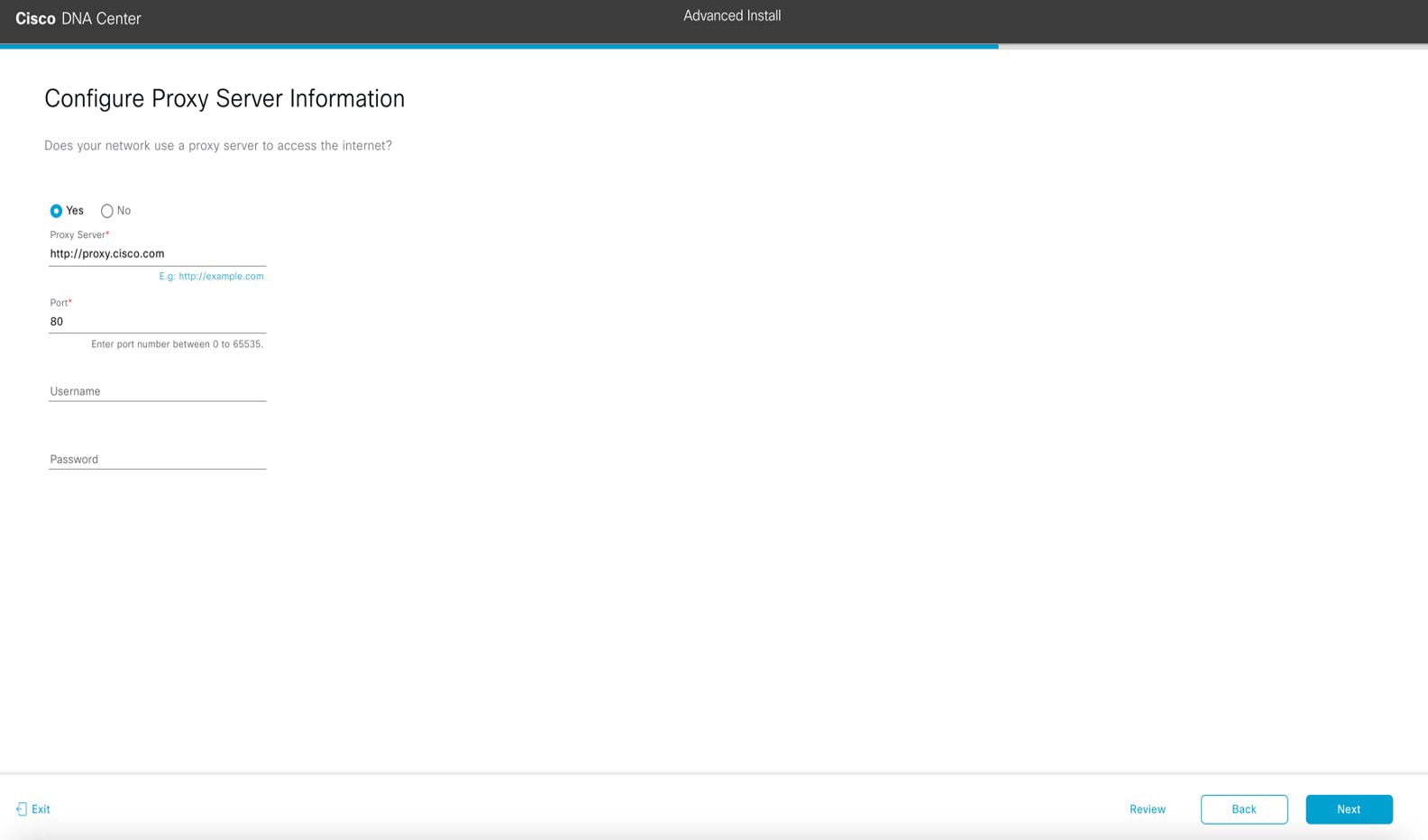 The Configure Proxy Server Information screen displays the step to choose if you want your network to use a proxy server to access the internet.