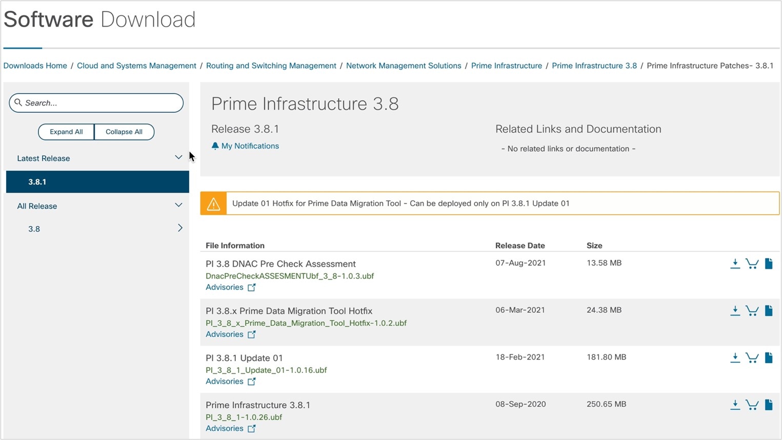 Cisco PDART Download for Cisco Prime Infrastructure 3.8