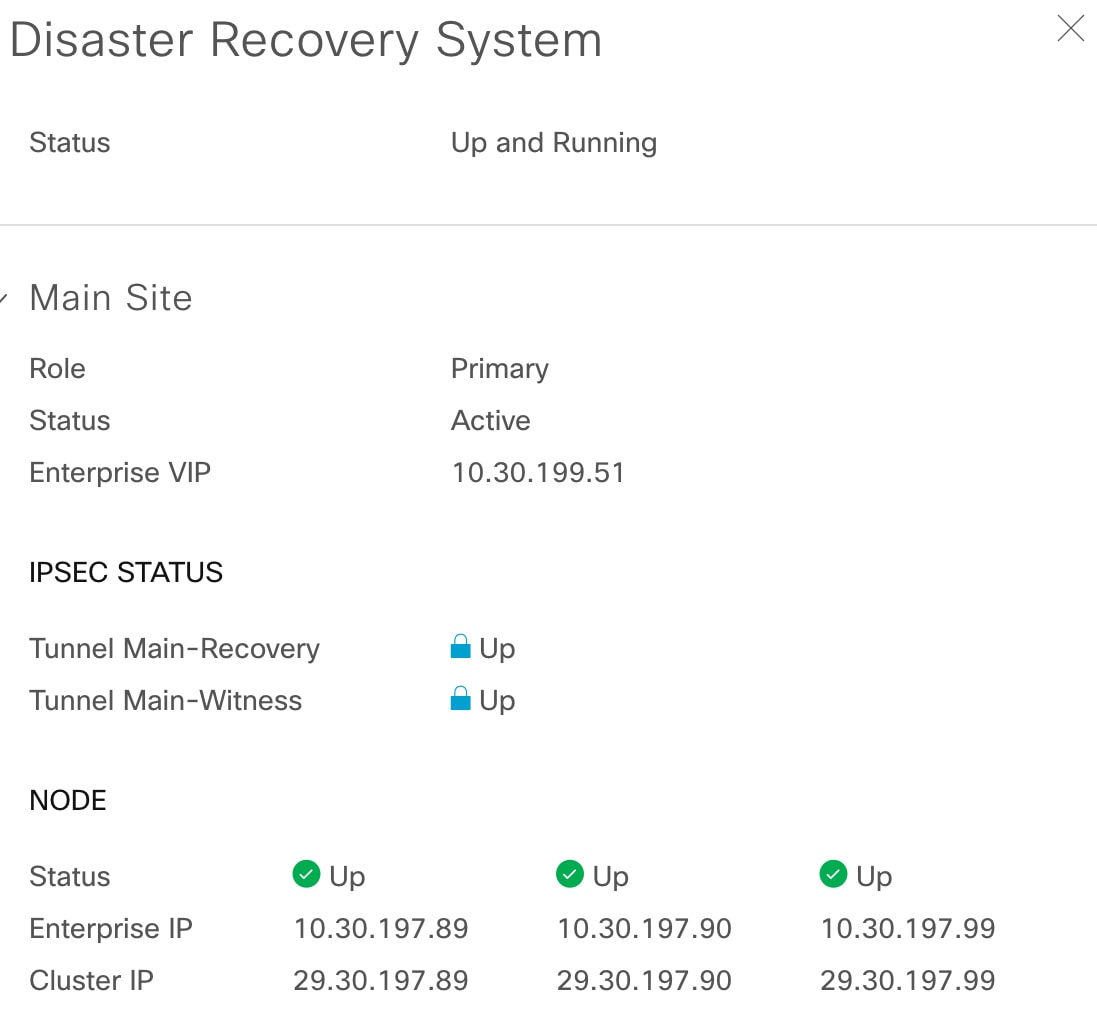 The Disaster Recovery System slide-in pane that displays the site information.