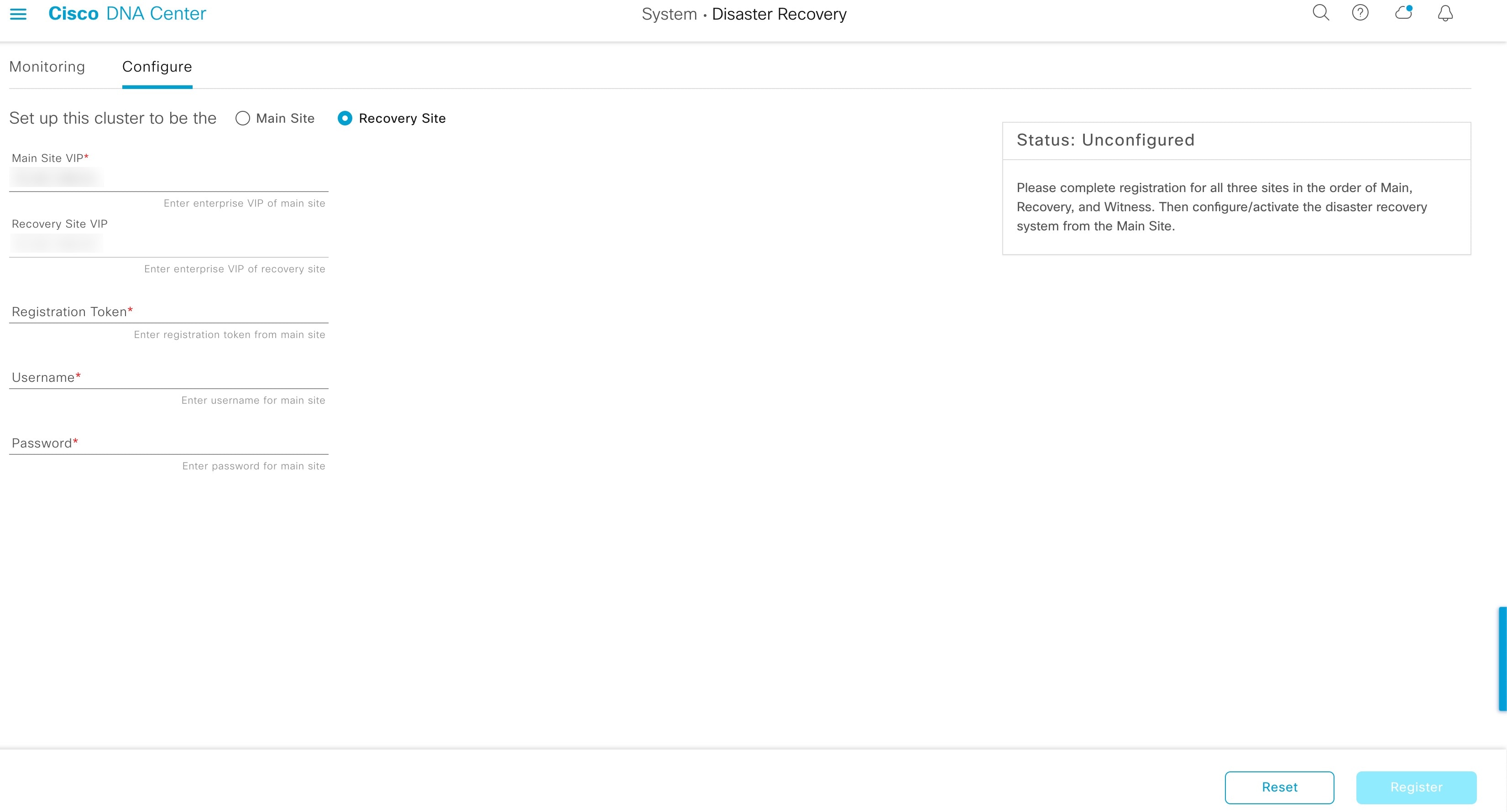 The Configure tab in the Cisco DNA Center Disaster Recovery window displays the Recovery Site radio button selected.