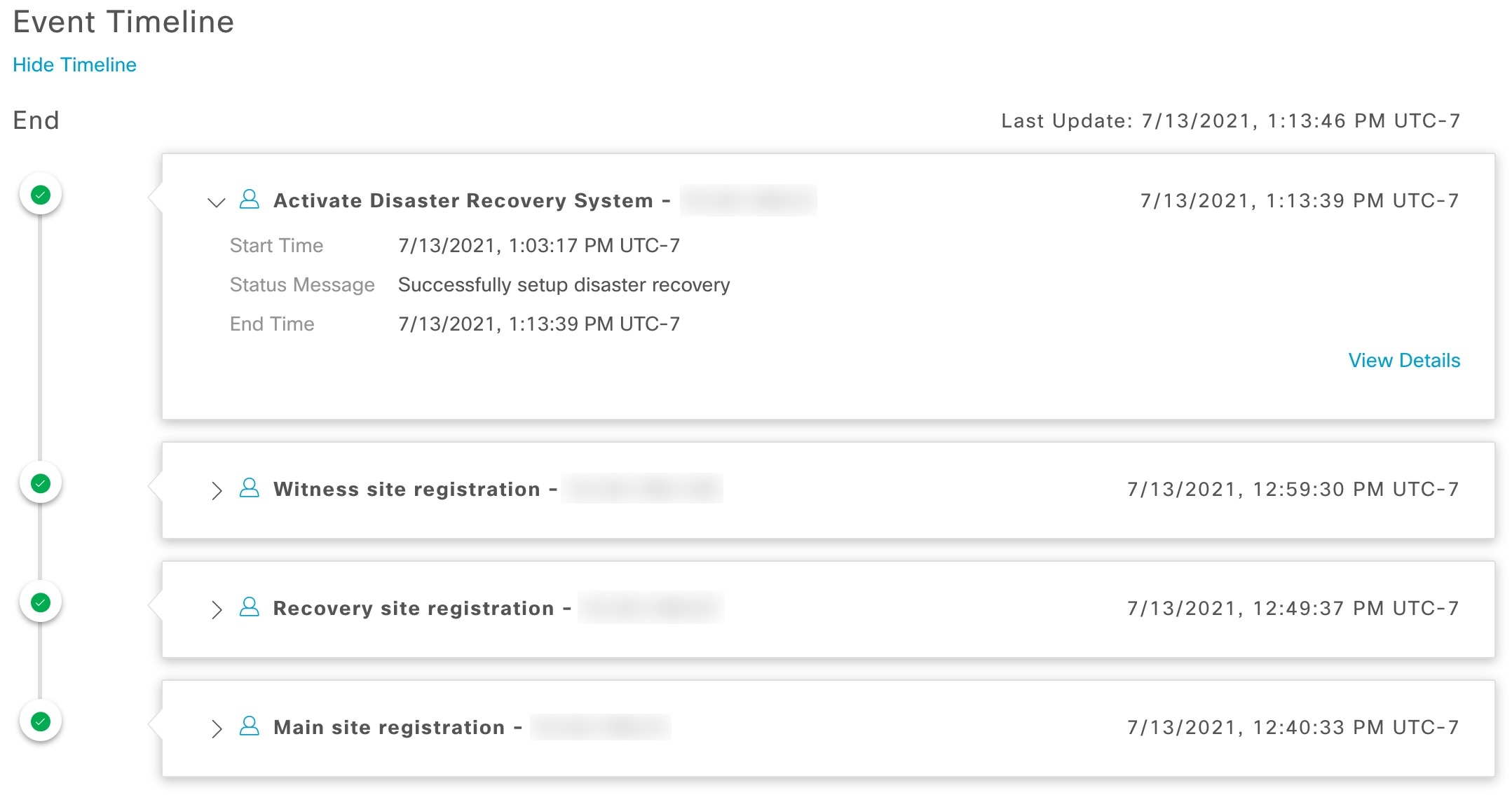 The Monitoring tab in the Cisco DNA Center Disaster Recovery window displays the Event Timeline area. The event timeline indicates that the disaster recovery system activation task is successful.