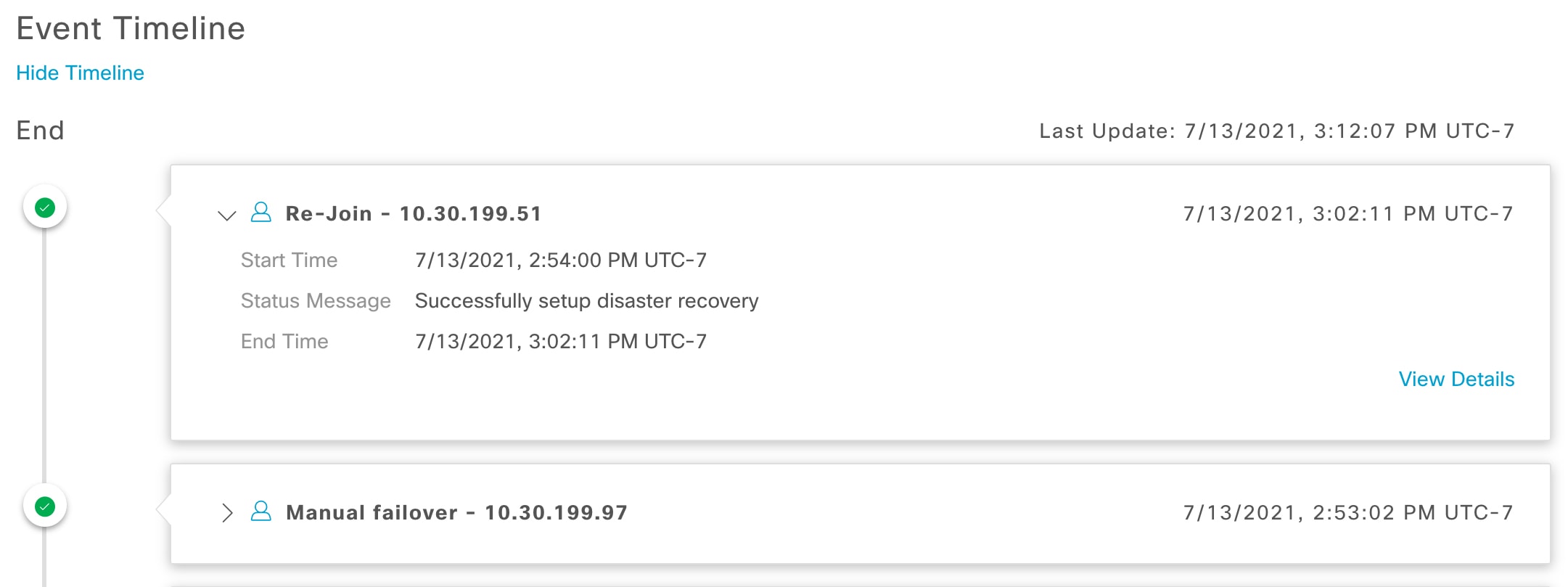 The Monitoring tab of the Cisco DNA Center Disaster Recovery window displays the Event Timeline with the summary of changes in a particular task.