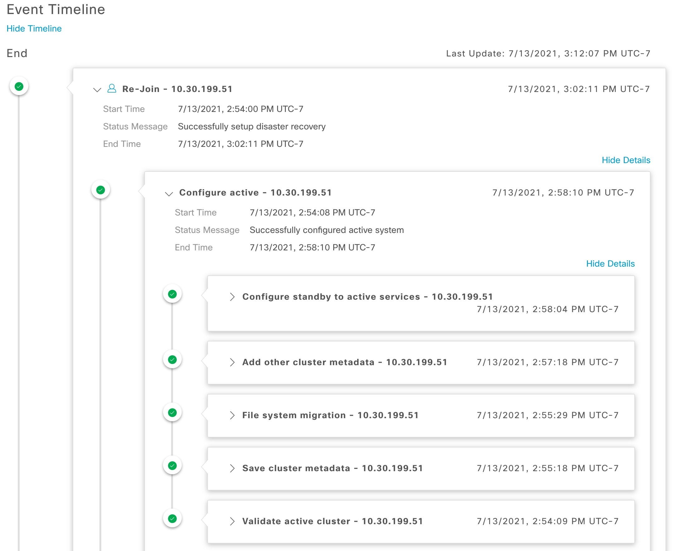 The Monitoring tab of the Cisco DNA Center Disaster Recovery window displays the Event Timeline with the summary of changes in a particular subtask.