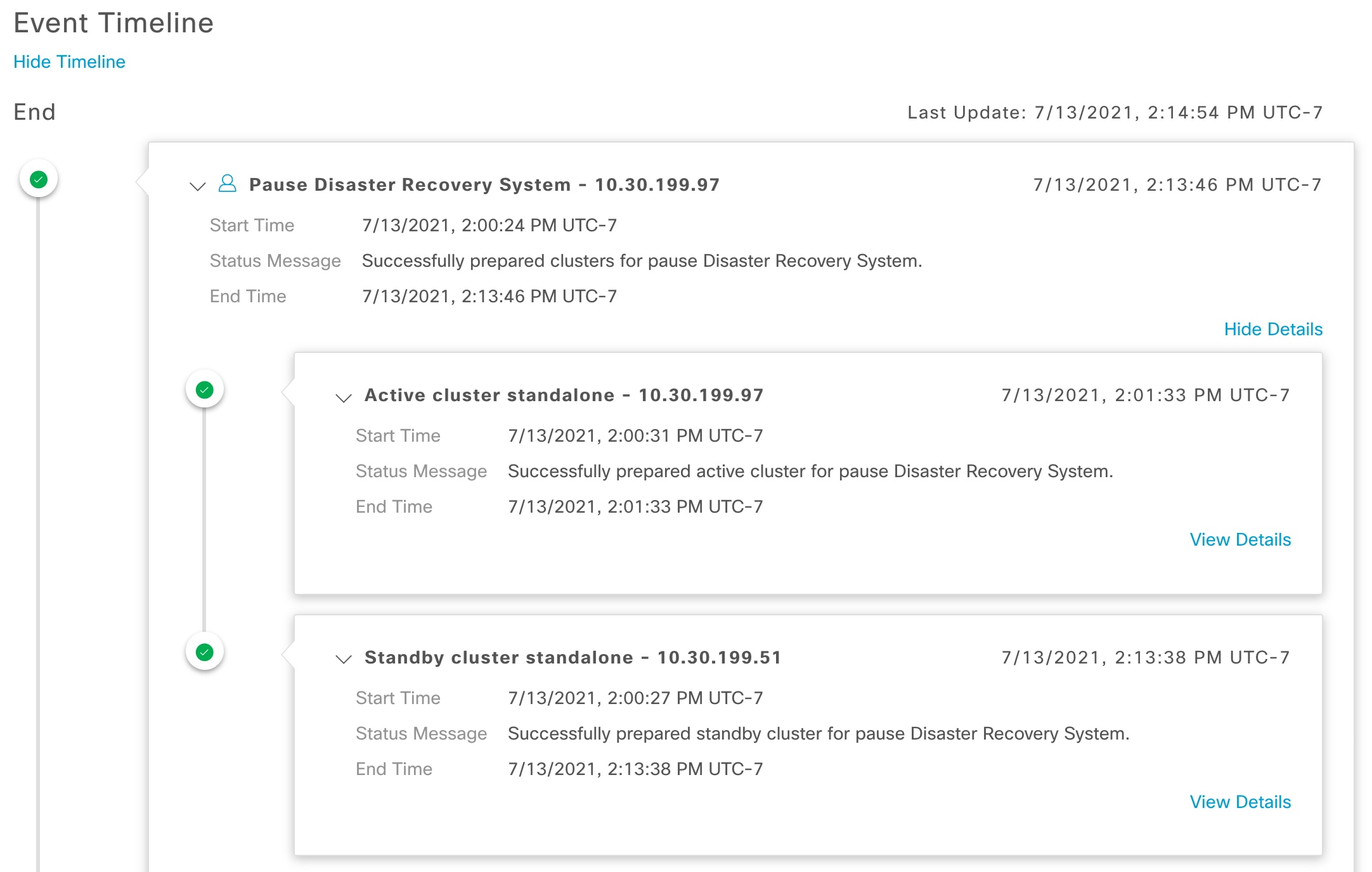 The Monitoring tab of the Cisco DNA Center Disaster Recovery window displays the Even Timeline with the Pause Disaster Recovery System task completed successfully.