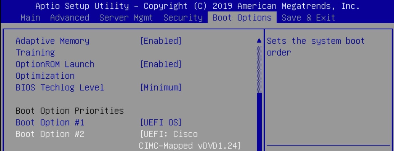Boot option configuration example window