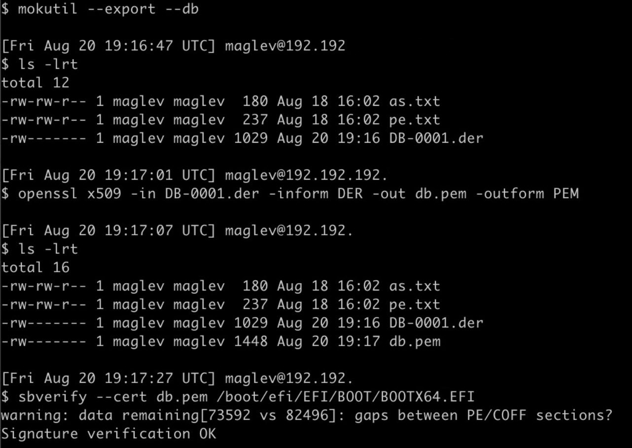 Output of signature verification commands for EFI images