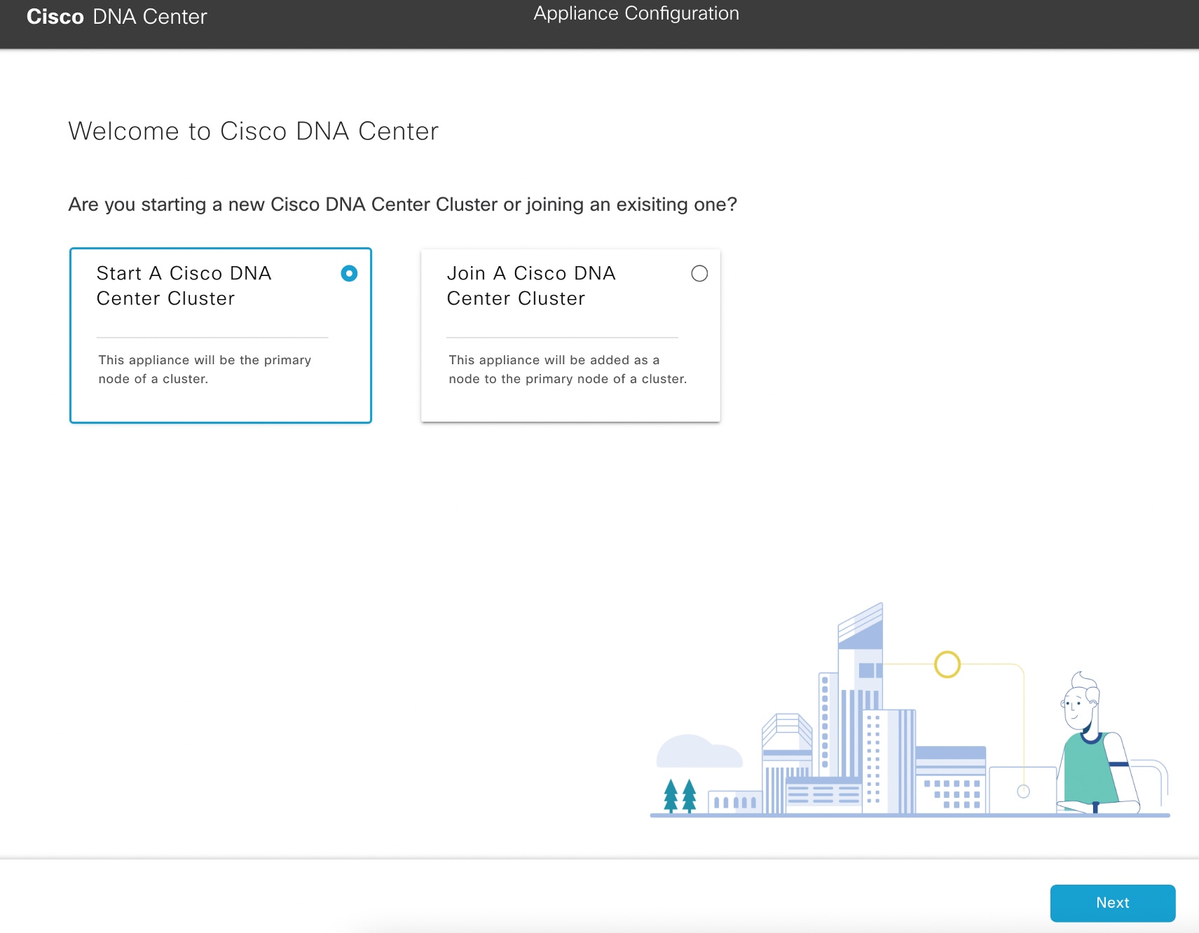 The Applicance Configuration screen displays two options: start or join a Cisco DNA Center cluster.