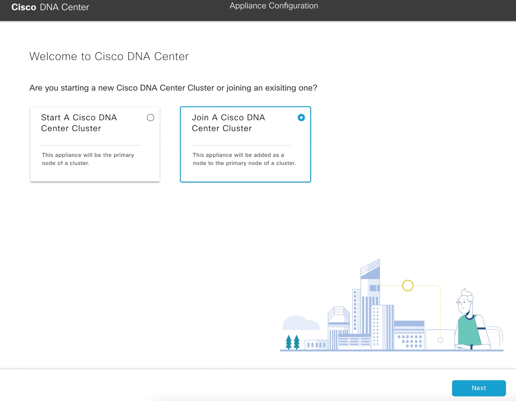 The Applicance Configuration screen displays two options: start or join a Cisco DNA Center cluster.